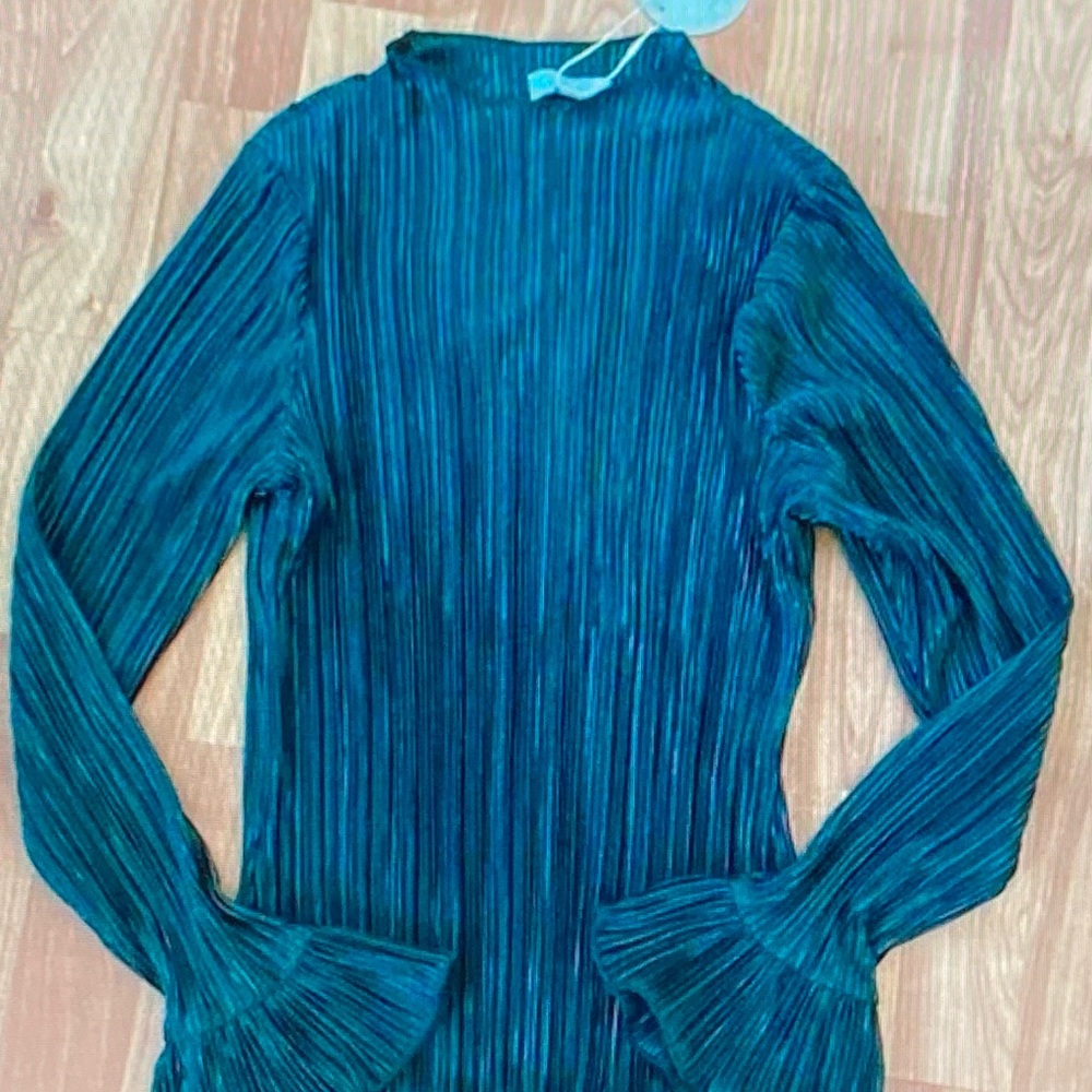 Free People Teal Pleated Mock Neck Long Sleeve Top